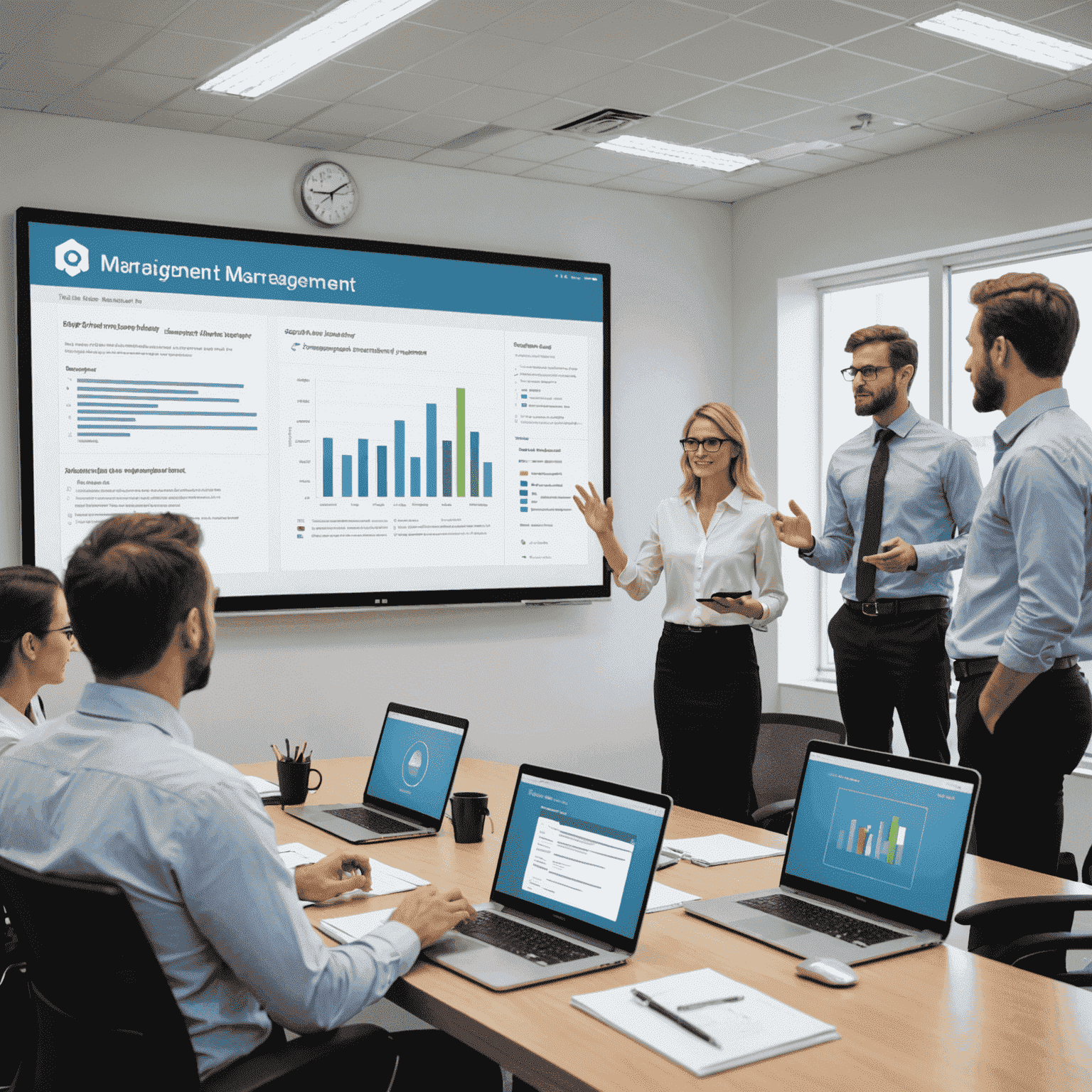 A group of employees attending a training session on the new project management system, with the instructor demonstrating key features on a large screen.