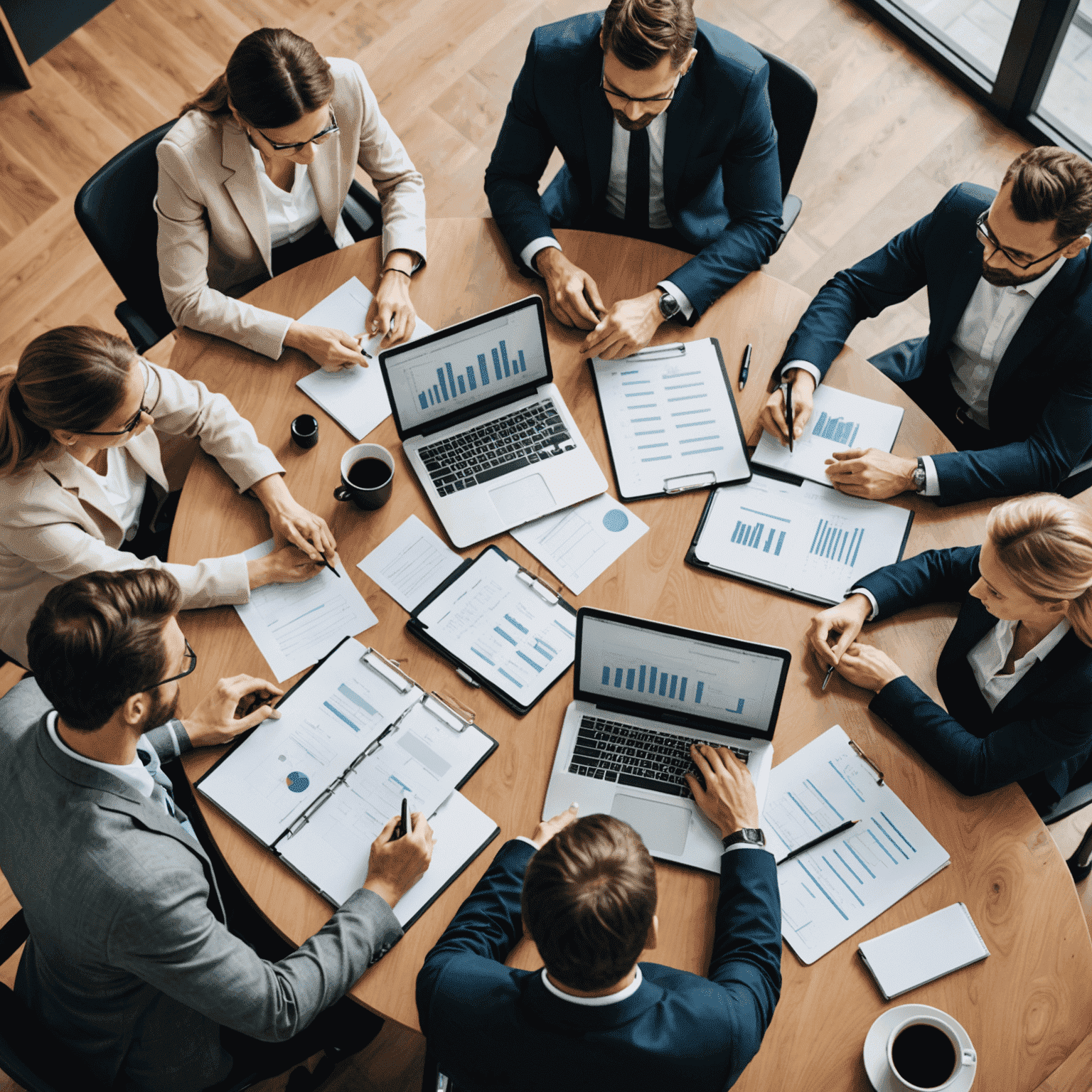 A team of professionals gathered around a conference table, discussing project management strategies and tools. Laptops and notepads are visible on the table.