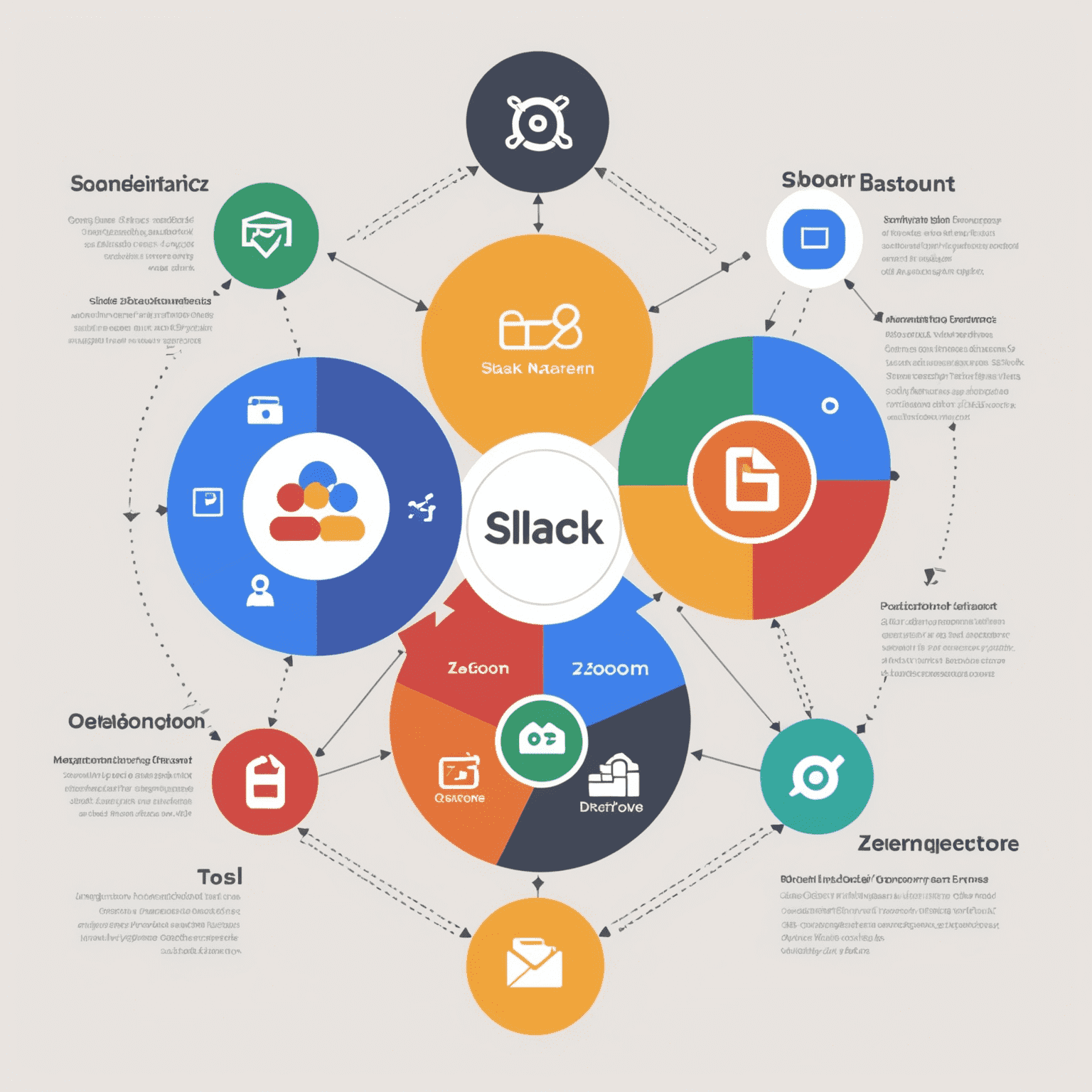 Diagram showing integrations between a project management system and tools like Slack, Google Drive, and Zoom