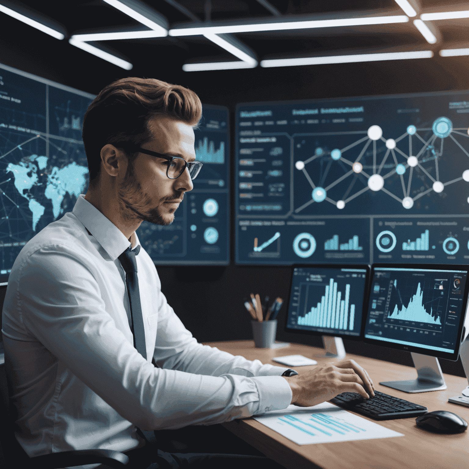 Futuristic image of a project manager working with AI and automation tools, with graphs and data visualizations in the background