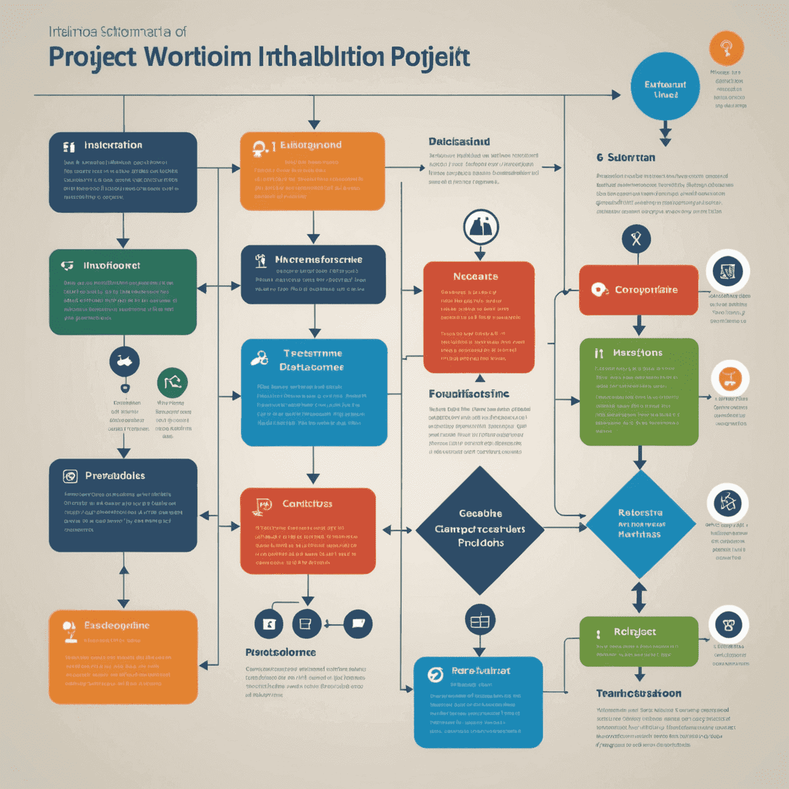 A flowchart depicting the various stages of a project workflow, from initiation to completion, with icons representing key milestones and decision points.