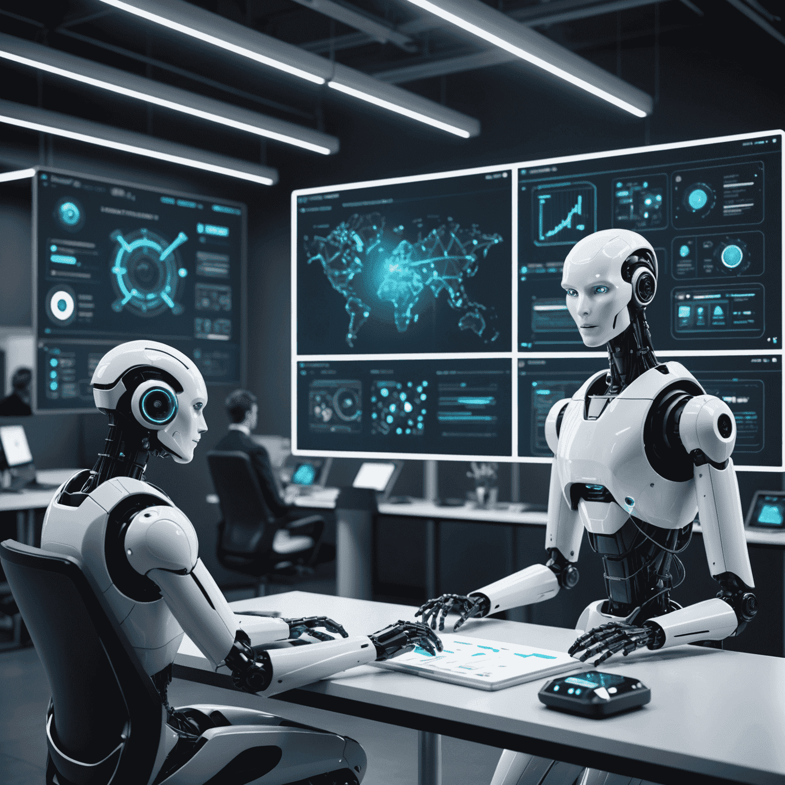 A futuristic image showing AI and automation being used in project management, with robots and digital interfaces